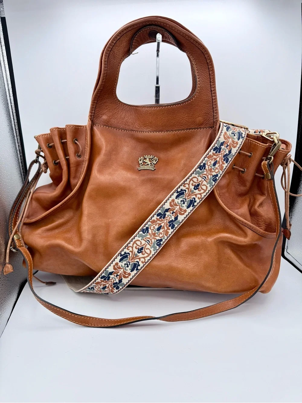Pratesi Firenze Italian Leather Satchel Bag Tan Cognac Drawstring Sides